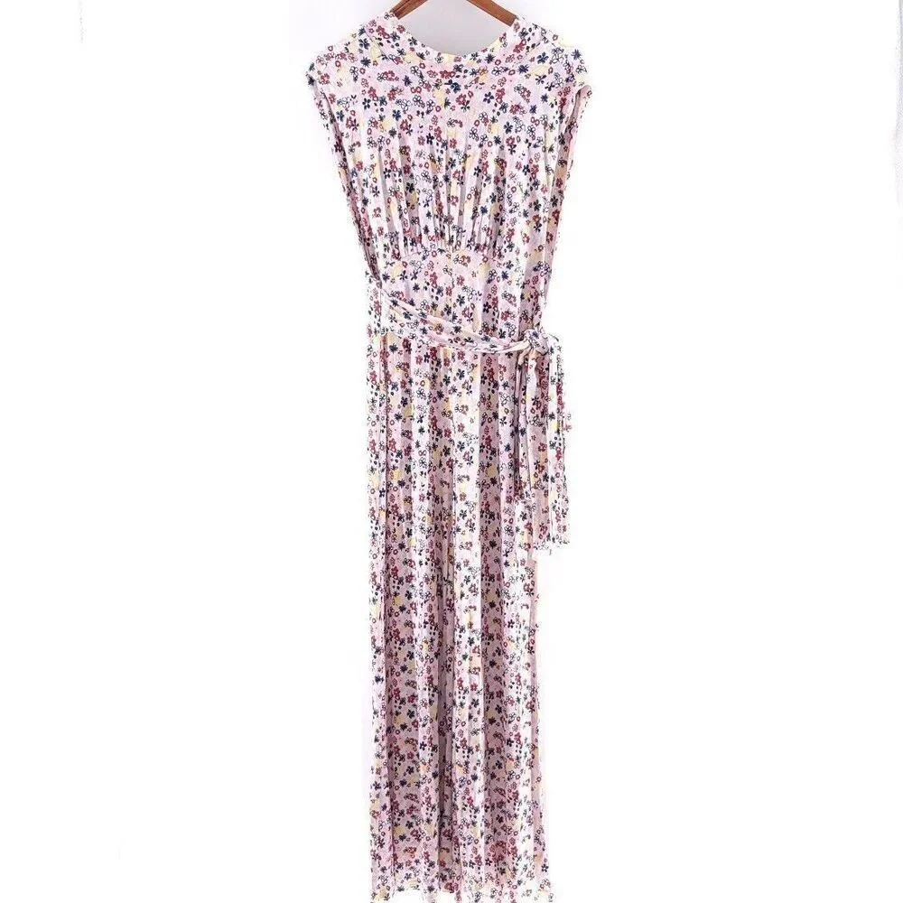 Free People Vibe Check Tie Waist Jumpsuit Tea Ditsy Print Size Medium